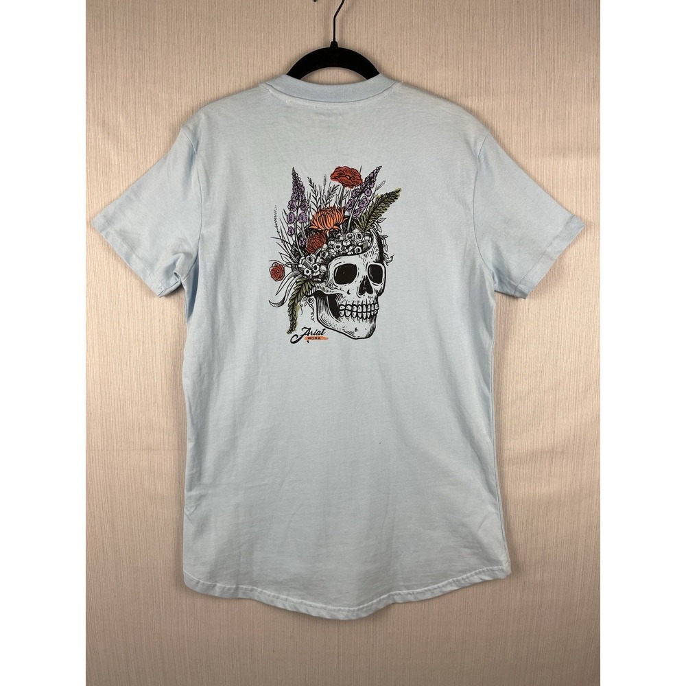 Ariat T-Shirt Womens Medium Blue Rebar CottonStrong Roughneck Floral Skull Work‎